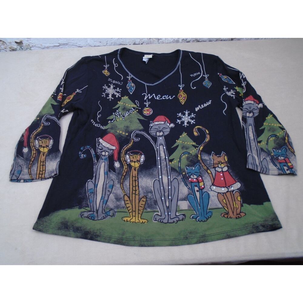 Jess & Jane “Meow” Christmas Holiday Rhinestone Women’s Shirt Size XL